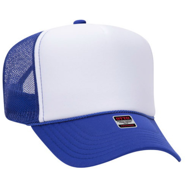 Blue and white trucker cap with mesh design on a white background