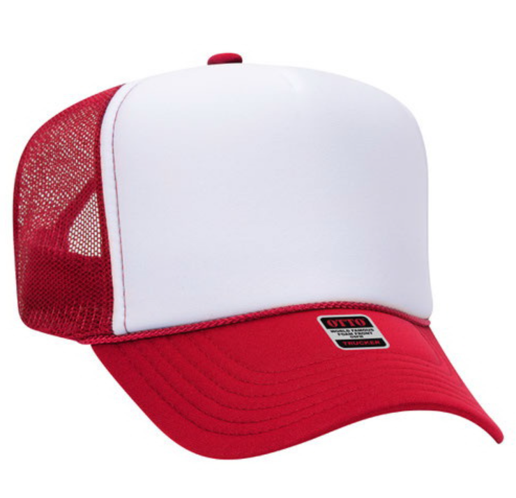 Red and white trucker cap with mesh back on a white background