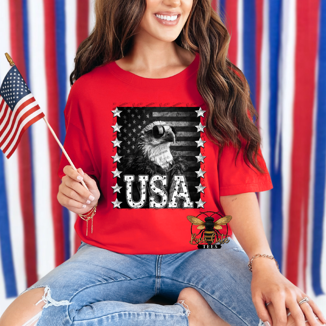 Woman seated in front of festive red, white, and blue streamers wearing a bright red graphic tee featuring a bald eagle in sunglasses, a distressed American flag background, and bold “USA” lettering framed by stars. Styled with distressed jeans and holding an American flag for a classic patriotic and Fourth of July look.
