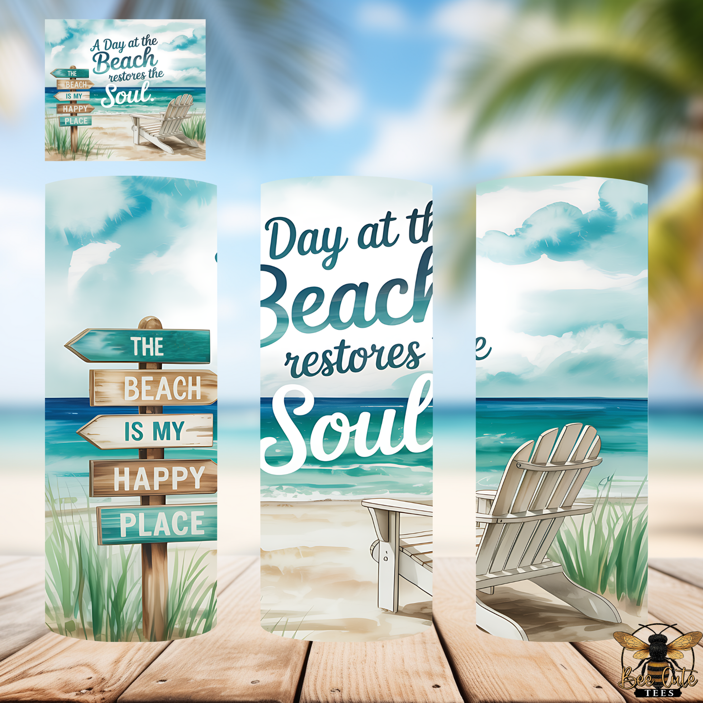 Set of beach-themed decorative tumblers with text and images on a wooden surface.