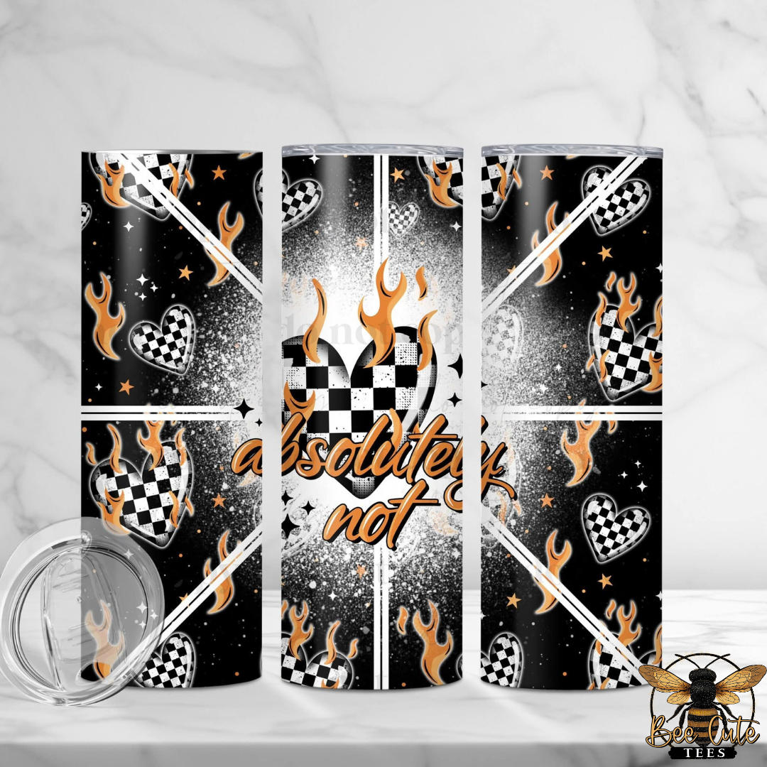 Tumbler with flame and checkered pattern on a white background
