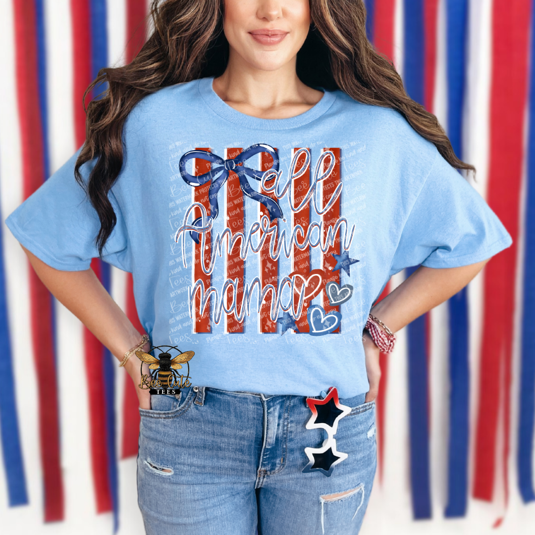 Woman wearing a blue t-shirt with 'All American Mama' design against a colorful striped background