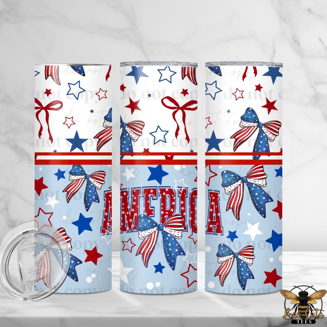Three tumblers with patriotic design featuring stars, stripes, and 'America' text on a white background.