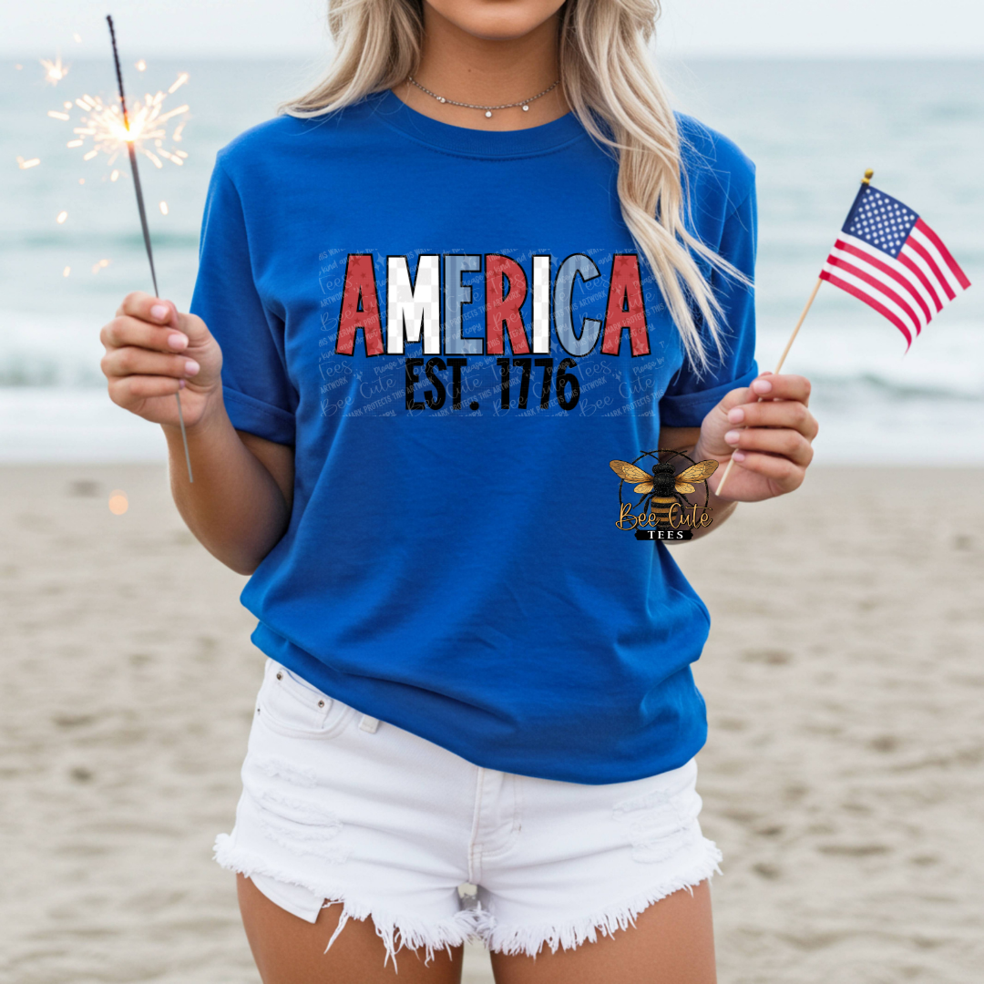 Person wearing a blue t-shirt with 'AMERICA EST. 1776' on a beach holding an American flag and sparklers.