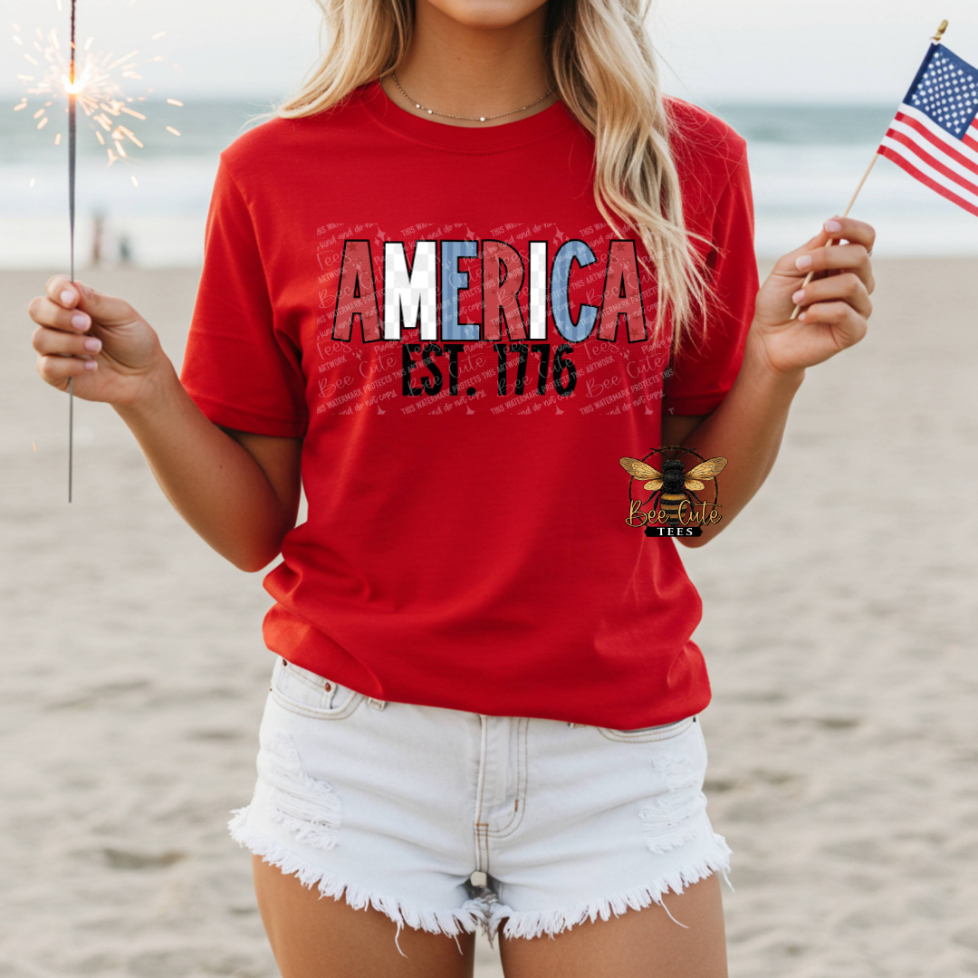 Person wearing a red 'AMERICA EST. 1776' t-shirt on a beach with an American flag and sparkler.