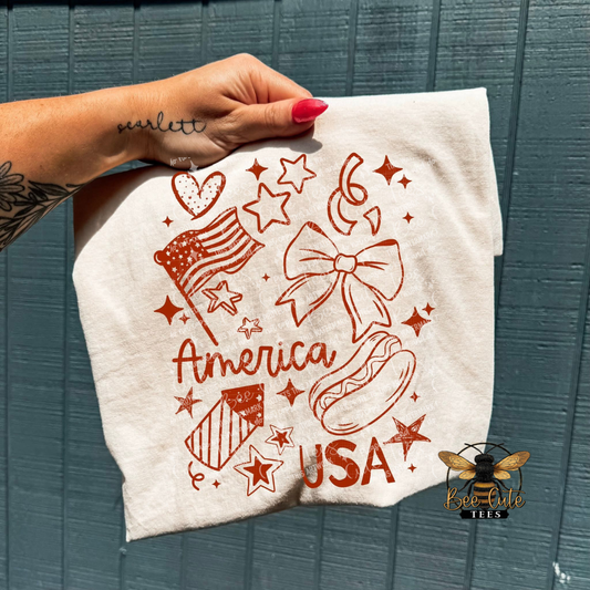 Hand holding a white towel with red graphics and text against a blue background
