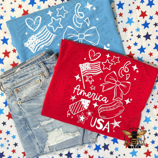 Red and blue towels with patriotic designs on a star-patterned background