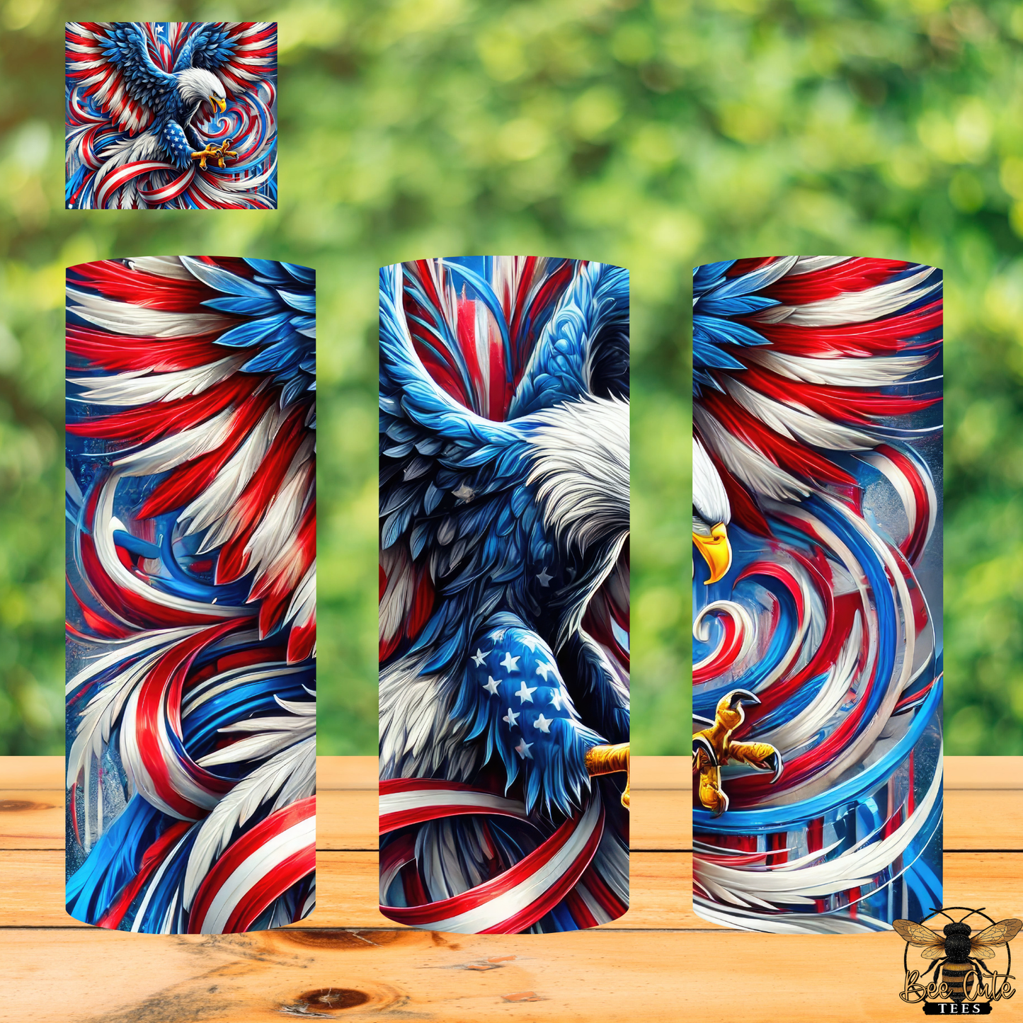 Decorative tumblers with an eagle design featuring American flag colors on a wooden surface.