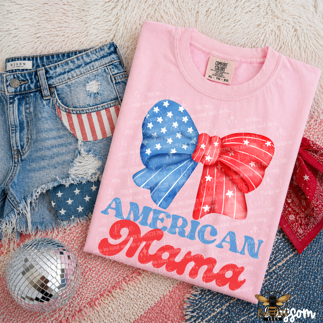 Pink t-shirt with 'American Mama' design on denim shorts and a disco ball.