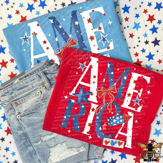 Two fabric panels with 'AMERICA' text and star designs on a background with red, white, and blue stars.