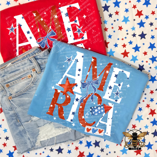 Textile with 'AMERICA' design on a star-patterned background