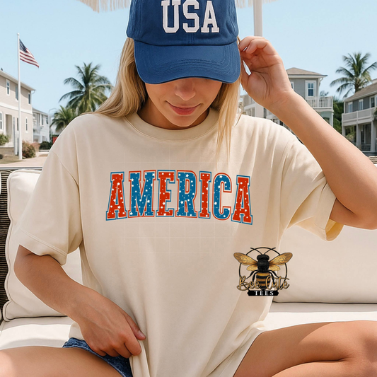 Person wearing a 'USA' cap and 'AMERICA' t-shirt outdoors.