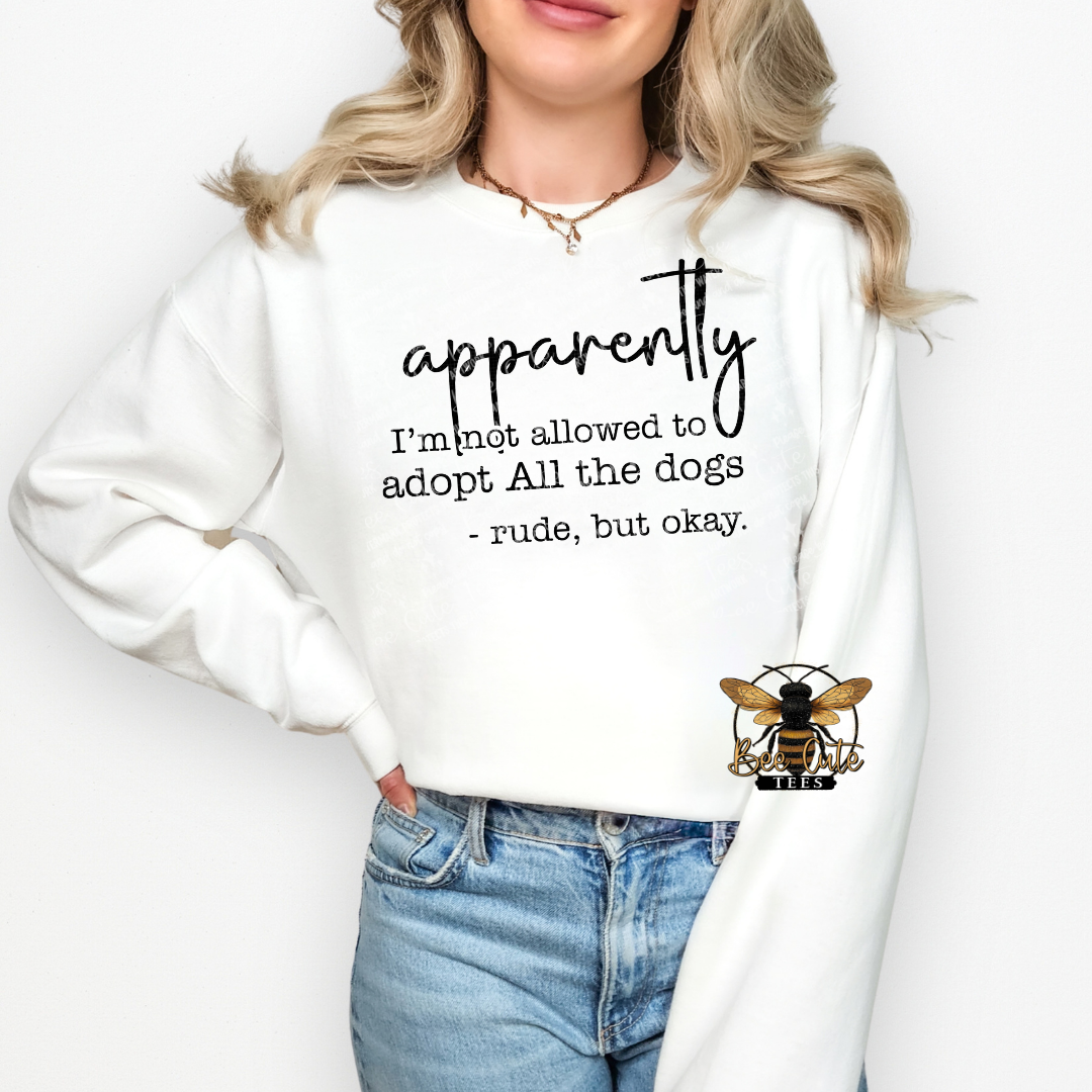 Person wearing a white sweatshirt with text and a bee logo on a white background