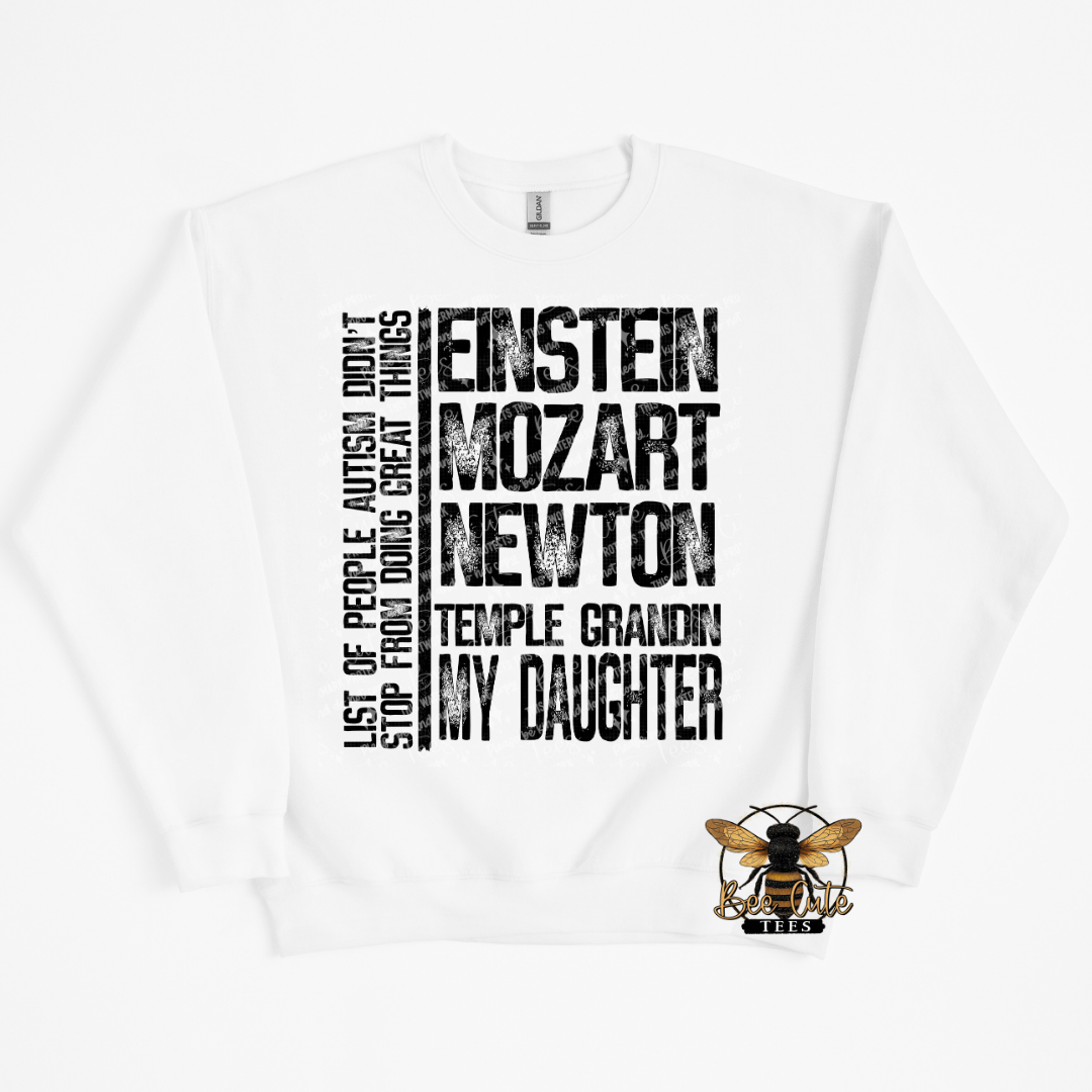White sweatshirt with text design and bee logo on a white background