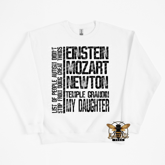 White sweatshirt with text design and bee logo on a white background