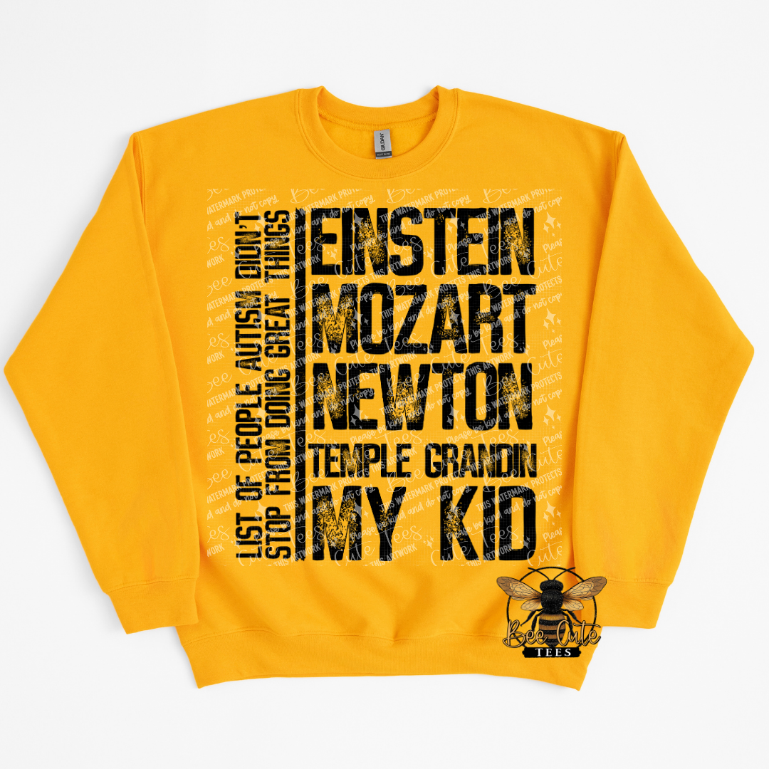 Yellow sweatshirt with black text and a logo on a white background