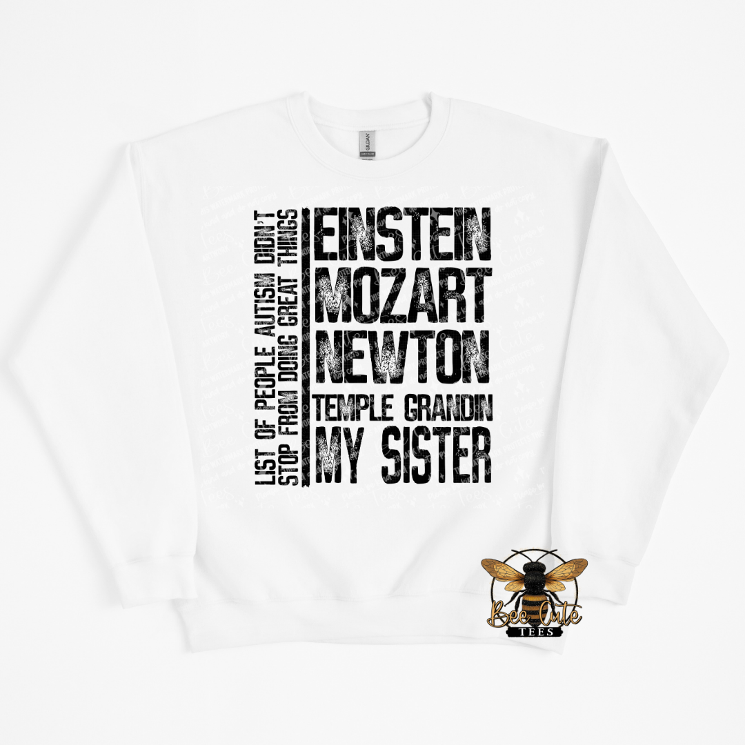 White sweatshirt with text design and bee logo on a white background