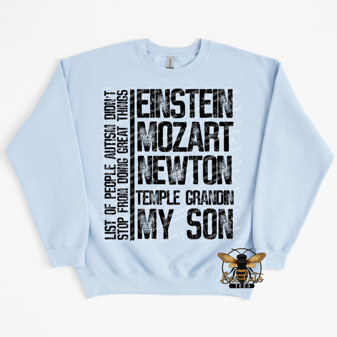 Light blue sweatshirt with text design on a white background