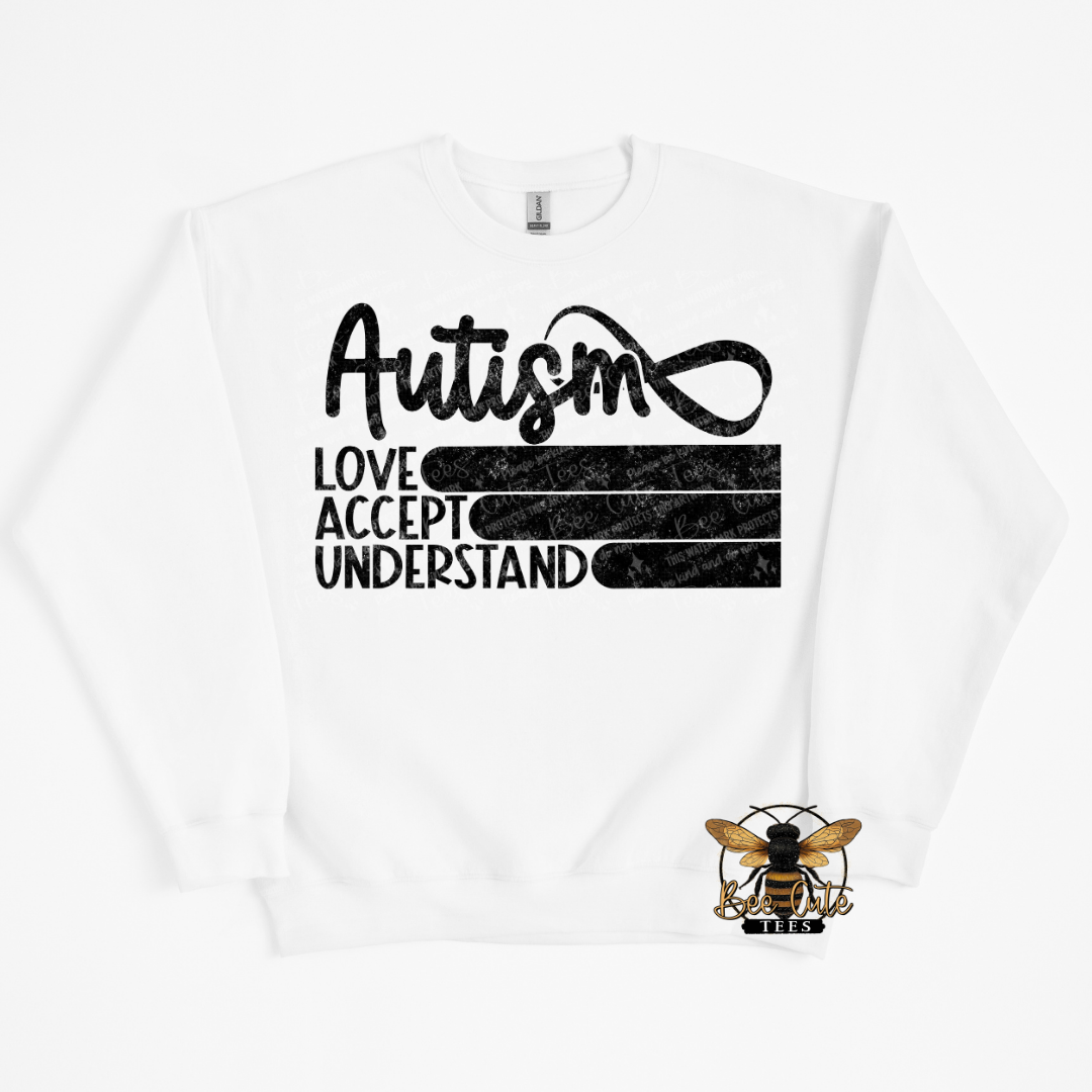 White sweatshirt with autism awareness text and bee logo on a white background