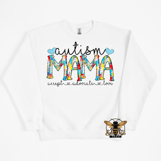 White sweatshirt with 'Autism Mama' text and bee logo on a white background