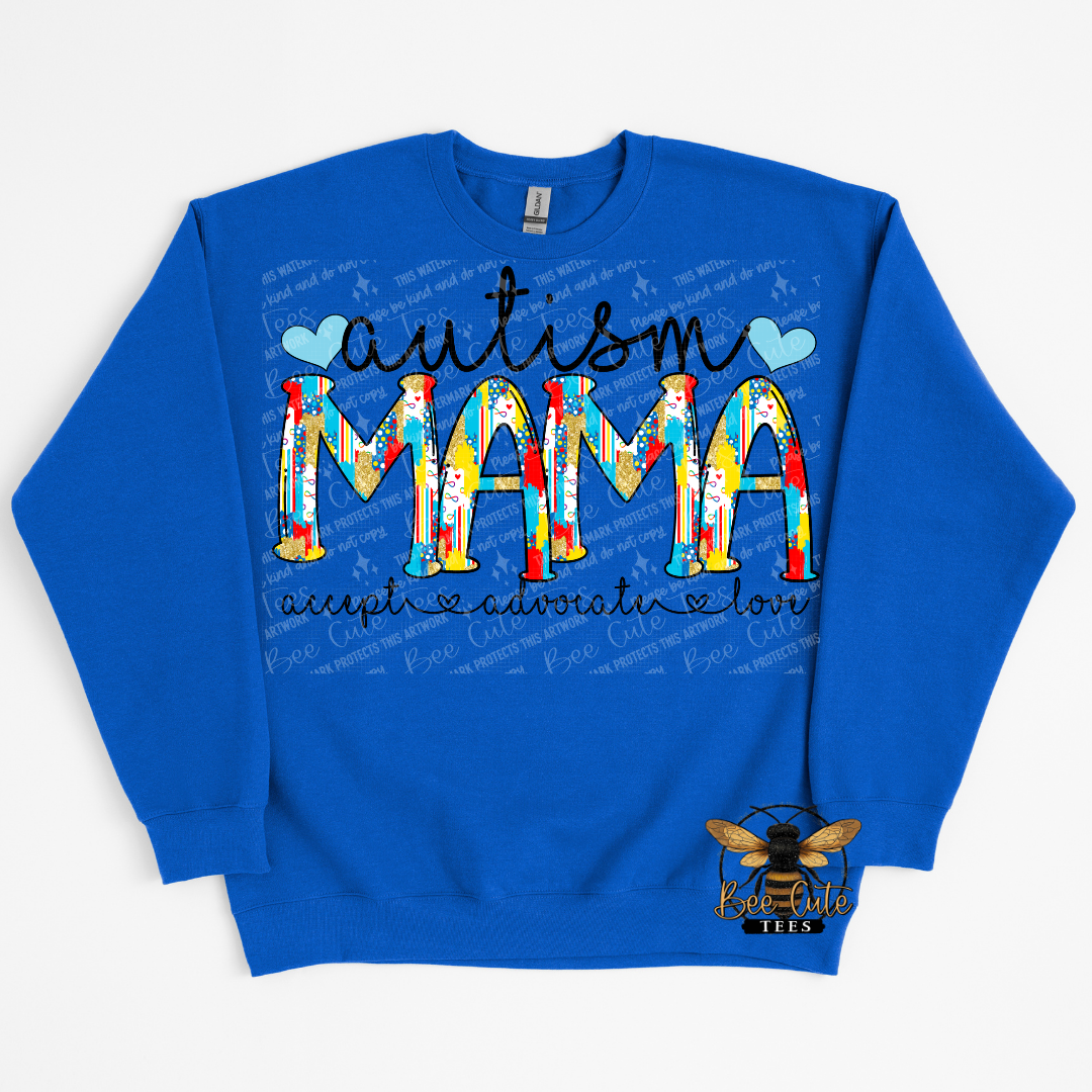 Blue sweatshirt with 'autism MAMA accepts and advocates for' text on a white background