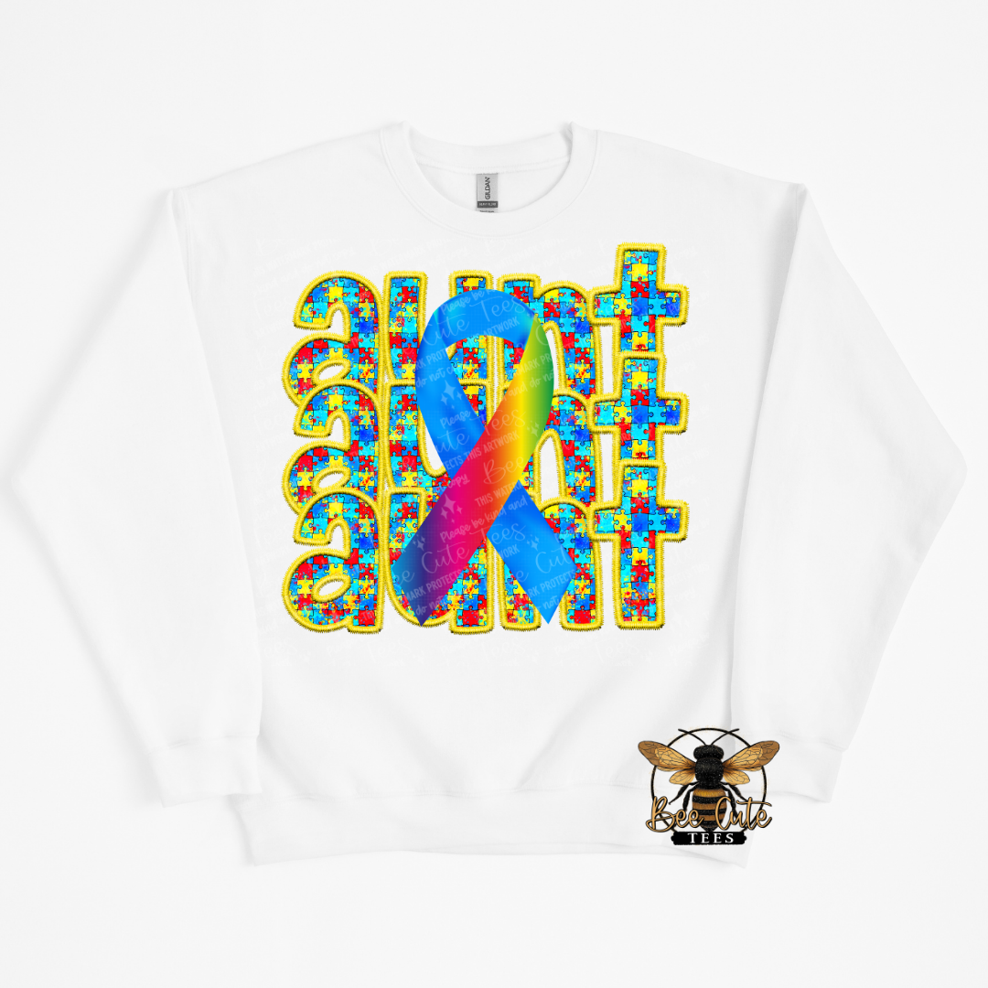 White sweatshirt with colorful design and bee logo on a white background