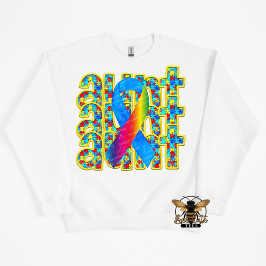 White sweatshirt with colorful design and bee logo on a white background