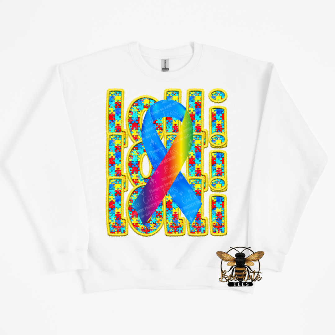 White t-shirt with colorful tie-dye ribbon and text on a white background