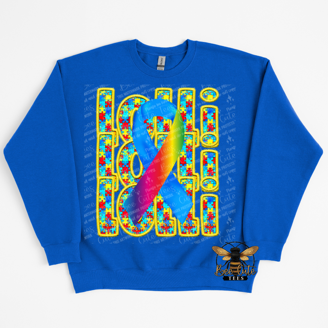 Blue sweatshirt with colorful  design on a white background
