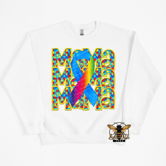 White sweatshirt with colorful design and bee logo on a white background