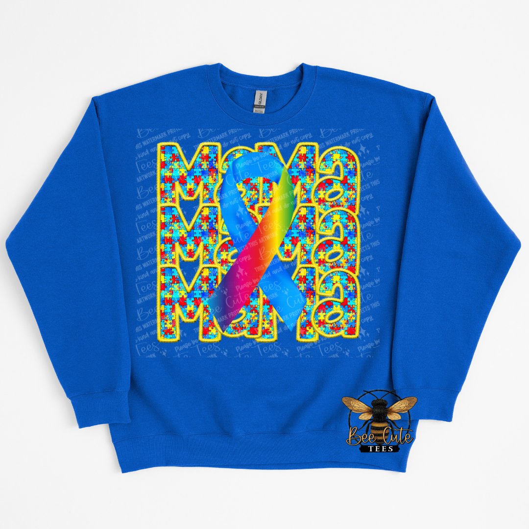 Blue sweatshirt with colorful 'MAMA' design and a bee logo on a white background