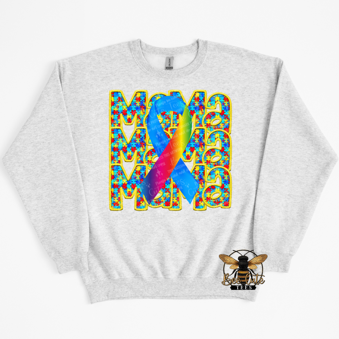 Gray sweatshirt with colorful design and blue ribbon on a white background