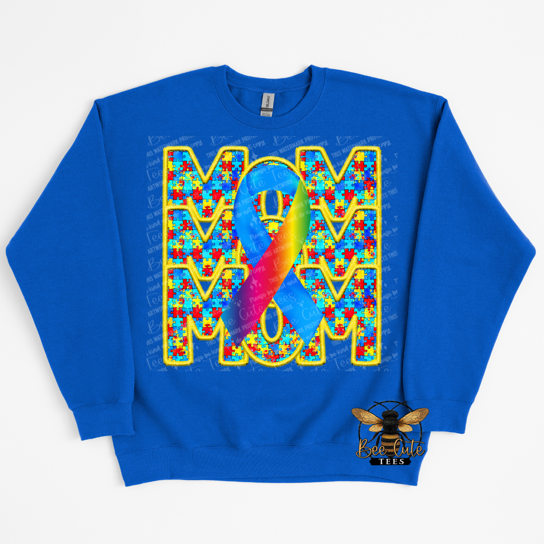 Blue sweatshirt with colorful 'MOM' design and a bee logo on a white background