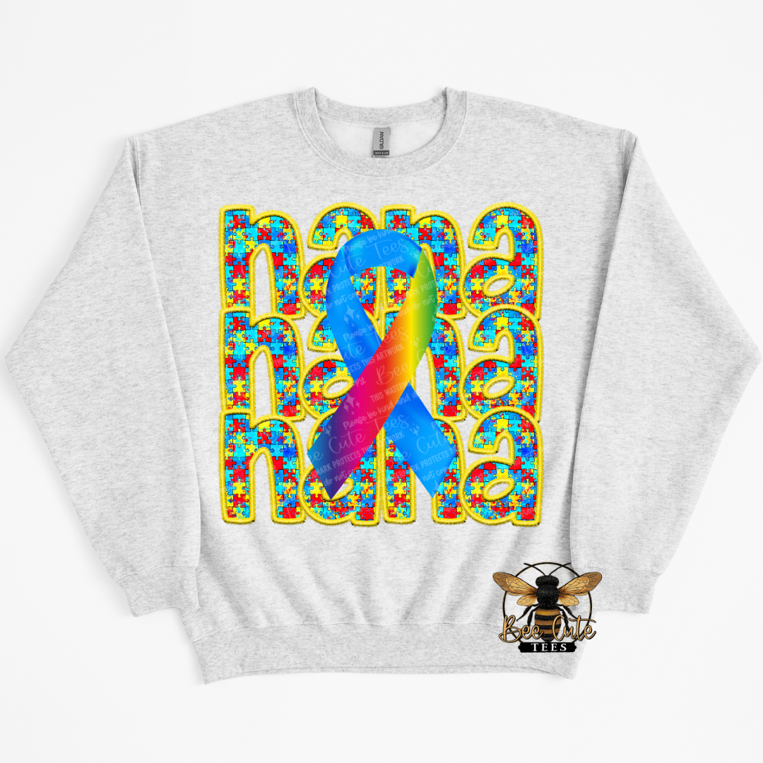 Gray sweatshirt with colorful design featuring a rainbow ribbon and text on a white background