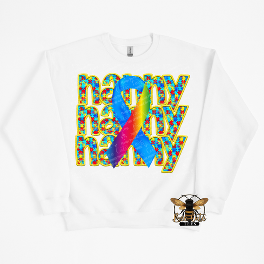 White sweatshirt with colorful design and text on a white background