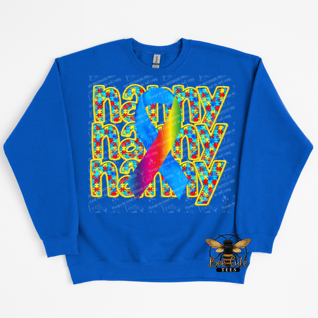 Blue sweatshirt with colorful design and text on a white background