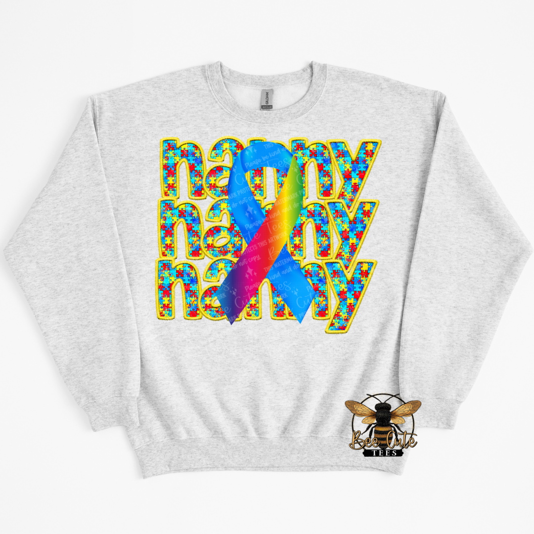 Gray sweatshirt with colorful design and text on a white background