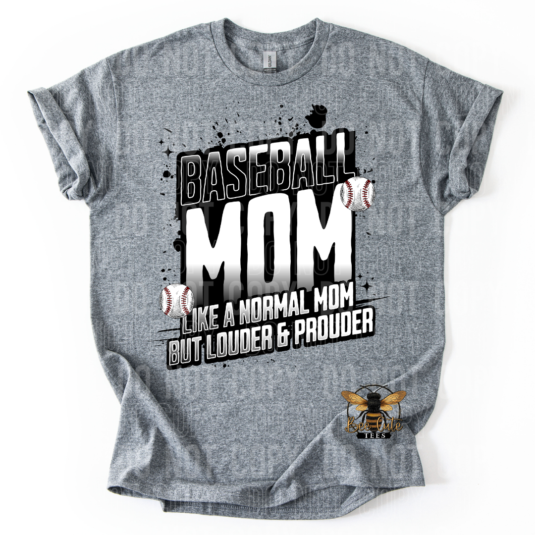 Gray t-shirt with 'Baseball Mom' graphic and text on a white background