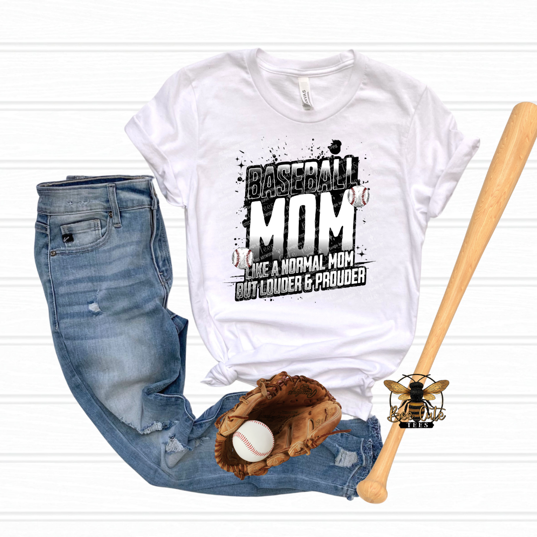 White t-shirt with 'Baseball Mom' text, jeans, baseball glove, and bat on a white background