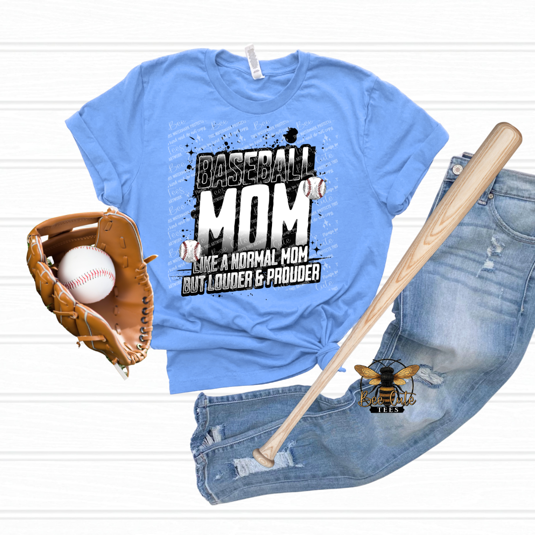 Blue t-shirt with 'Baseball Mom' text, baseball glove, bat, and jeans on a white background