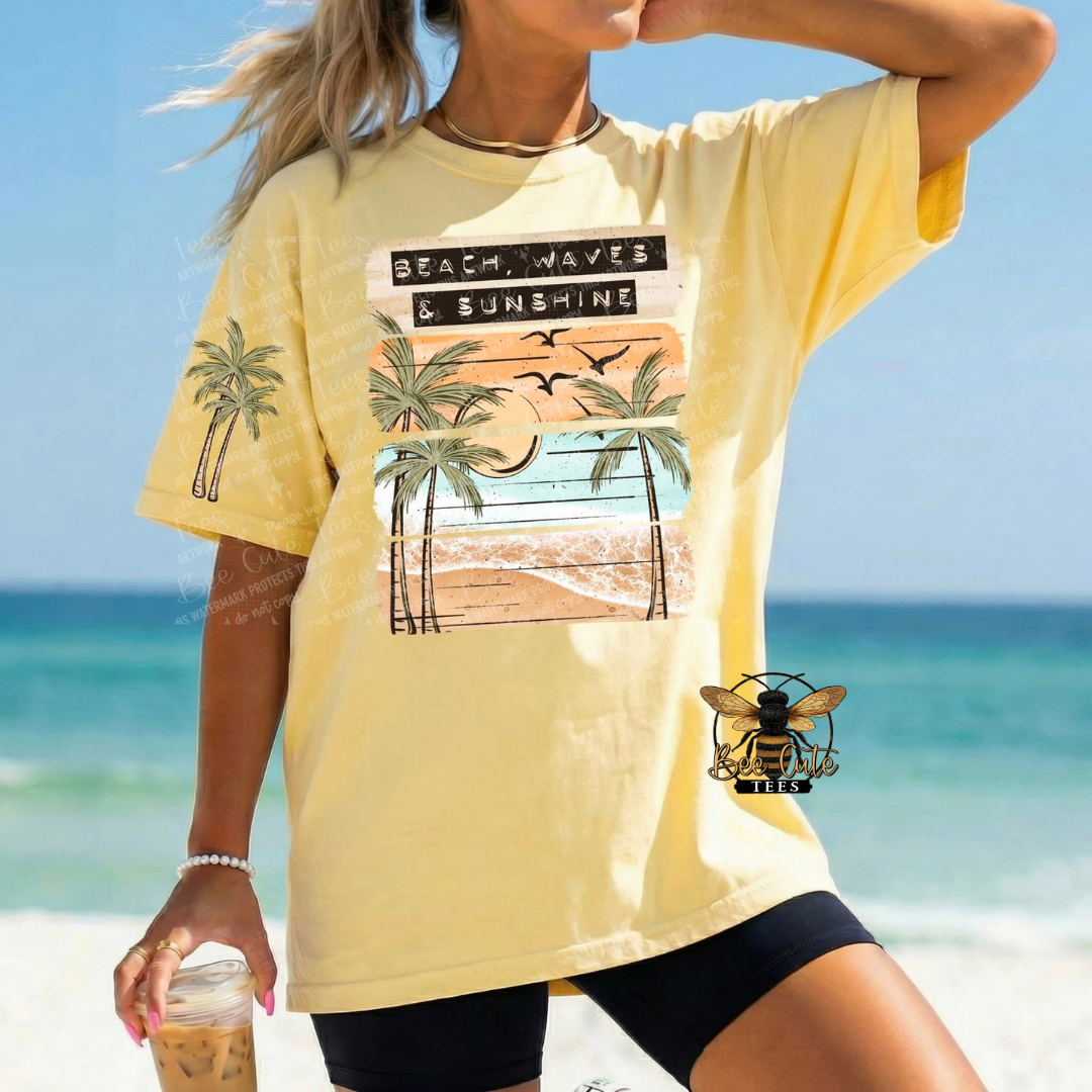 Person wearing a yellow t-shirt with a beach graphic on a beach background