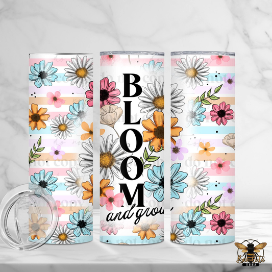 Three floral tumblers with 'Bloom and Grow' text on a white background