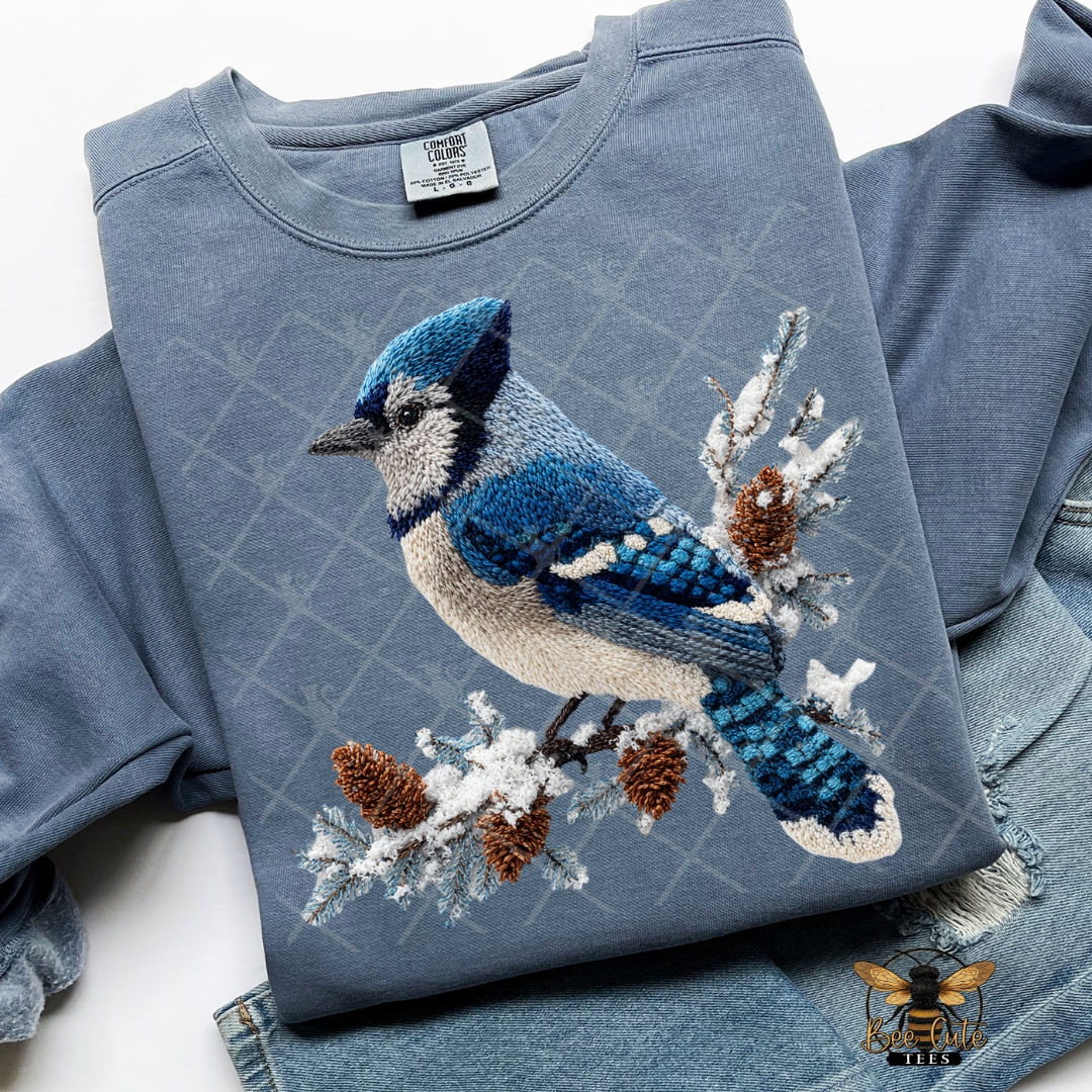 Winter Blue Jay Faux Latch Hook Yarn Crochet