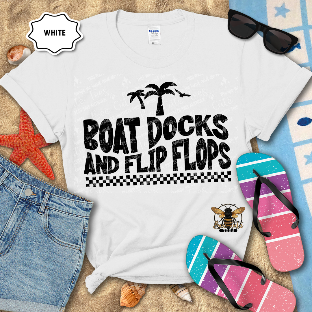 White t-shirt with 'Boat Docks and Flip Flops' text, sunglasses, and flip flops on a beach-themed background.