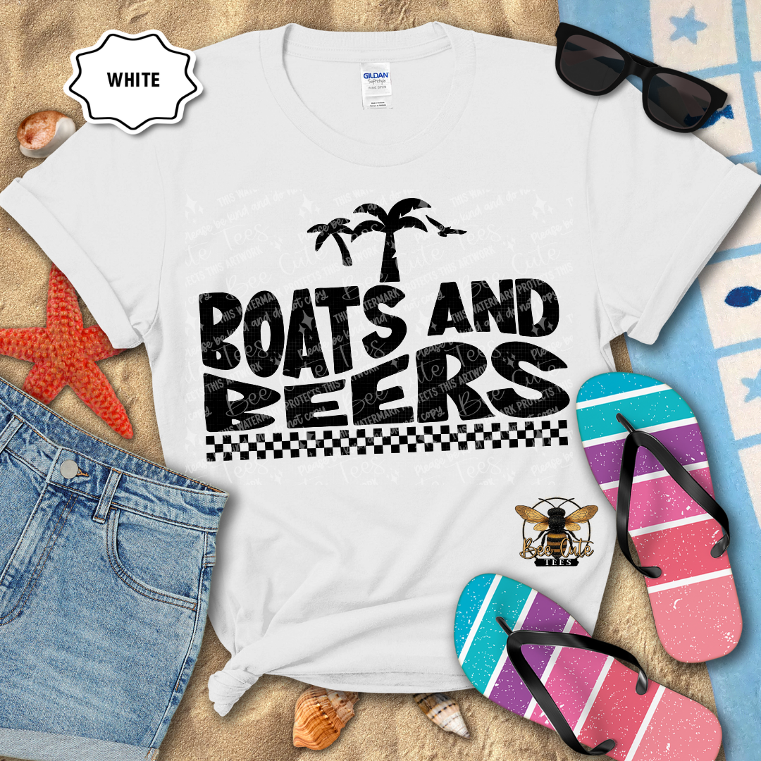 White t-shirt with 'Boats and Beers' design, sunglasses, and flip-flops on a beach-themed background.