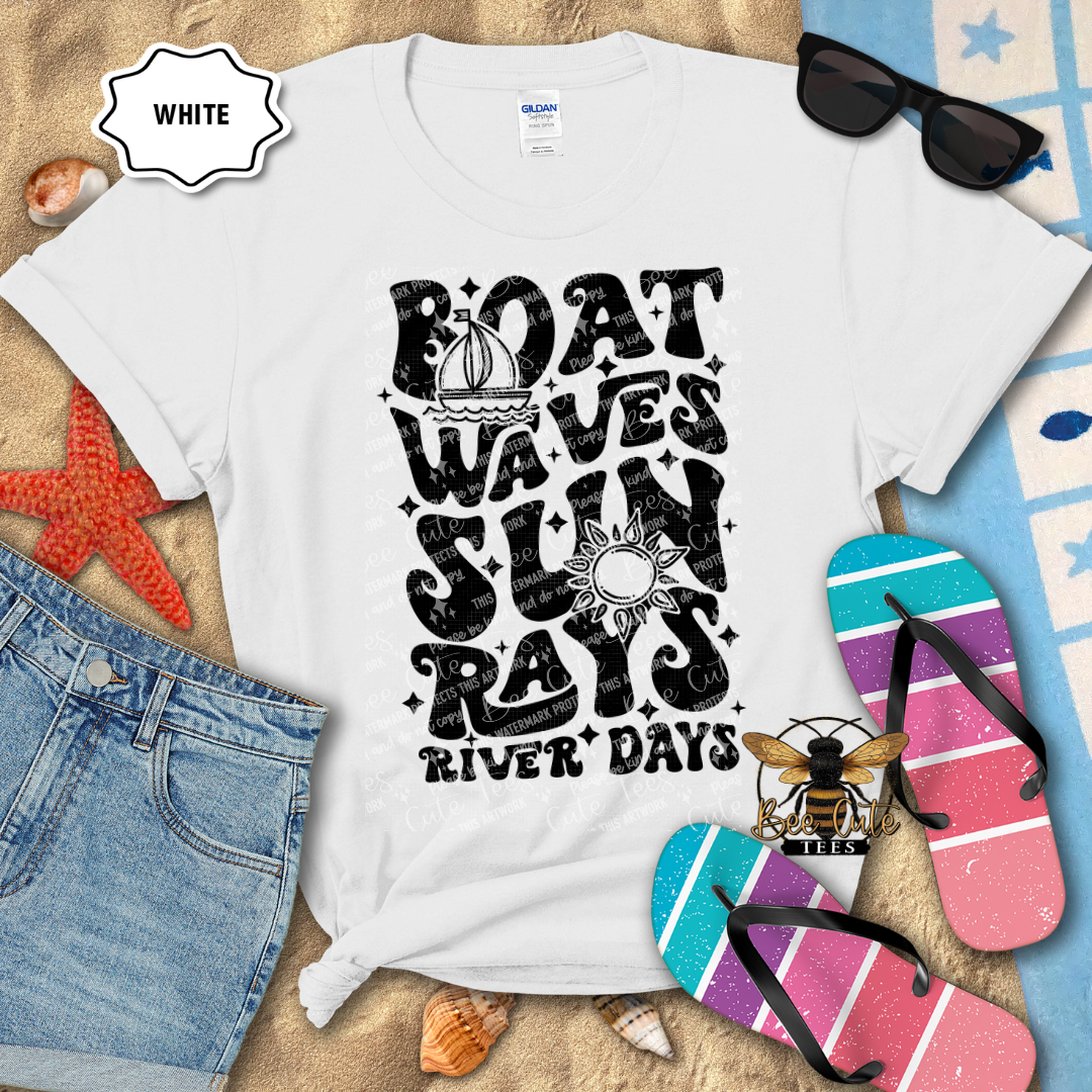 White t-shirt with black graphic design on a beach-themed background with sunglasses, flip-flops, and denim shorts.