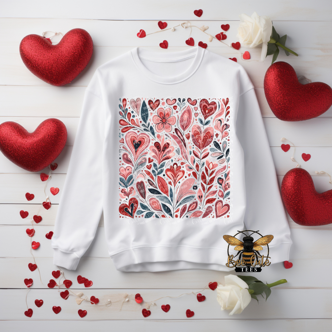 White sweatshirt with floral pattern surrounded by red hearts and flowers on a wooden surface.