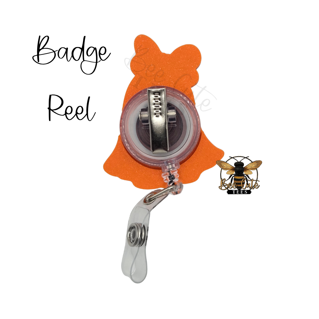 An orange badge reel with a clear plastic retractor and metal clip, shown on a white background with the words 'Badge Reel' and a small bee graphic.