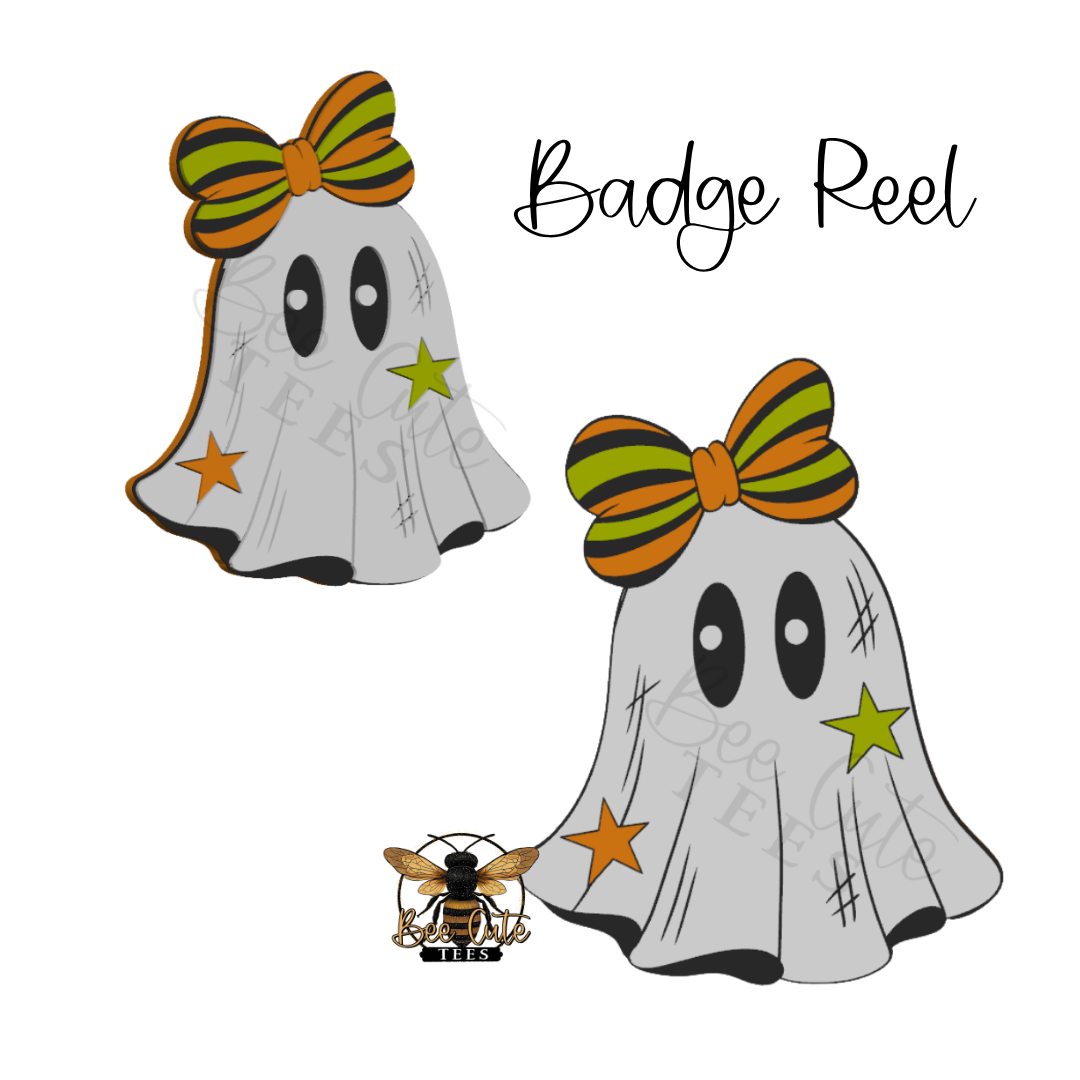 Digital preview of a Halloween badge reel design featuring two ghost badges with striped orange and green bows, yellow and orange stars, and black outlines, alongside the text 'Badge Reel' and a bee logo.