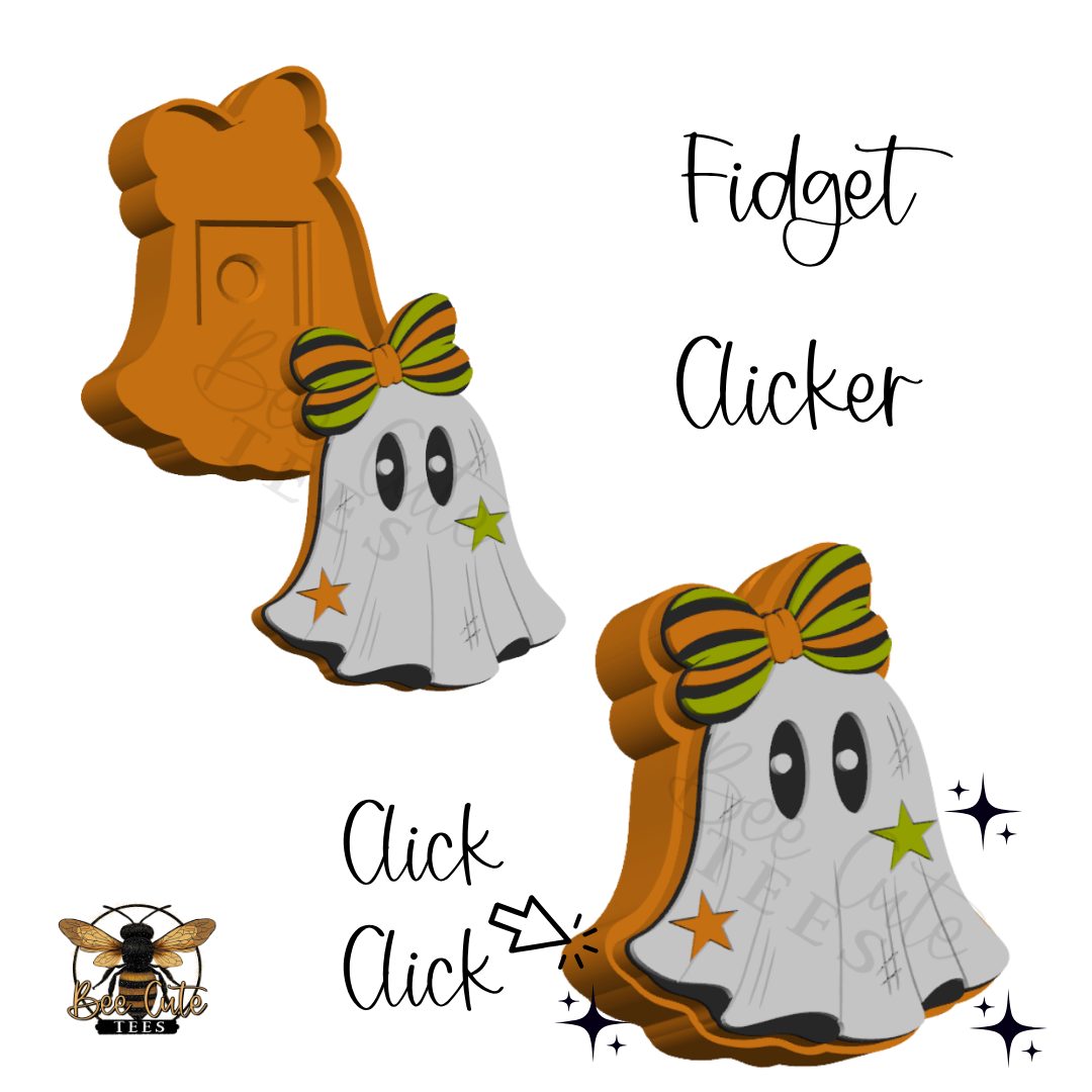 Halloween-themed fidget clicker featuring a ghost design with a striped bow, stars, and a door, shown in both front and back views with text labels on a white background.